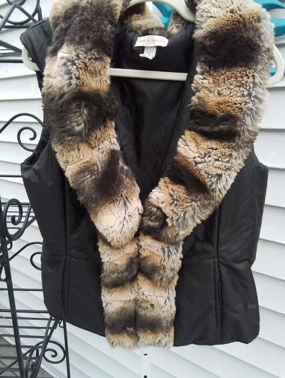 Lord & Taylor Black Puffer Vest with Multi-Tone Faux Fur Collar